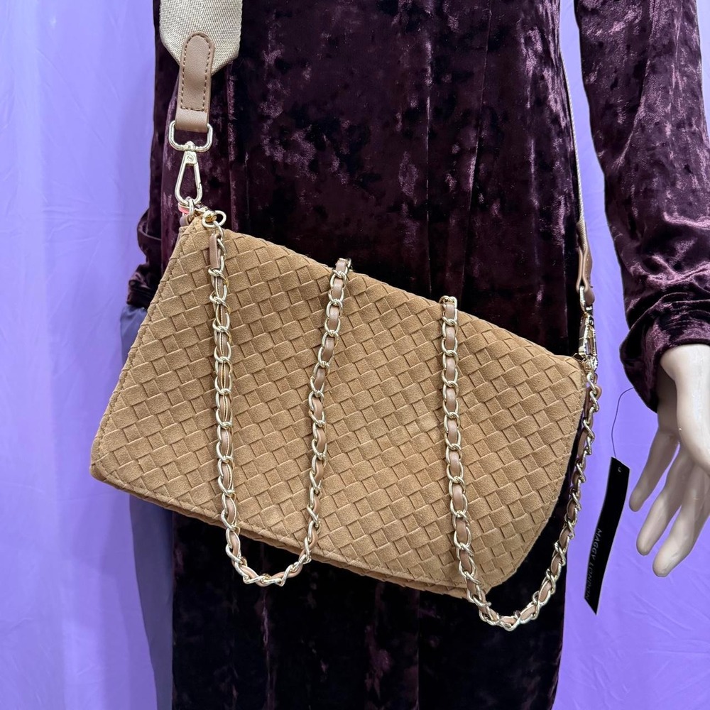 Haute Shore Tan Woven Suede Leather Shoulder Bag Chain Strap Crossbody Brown